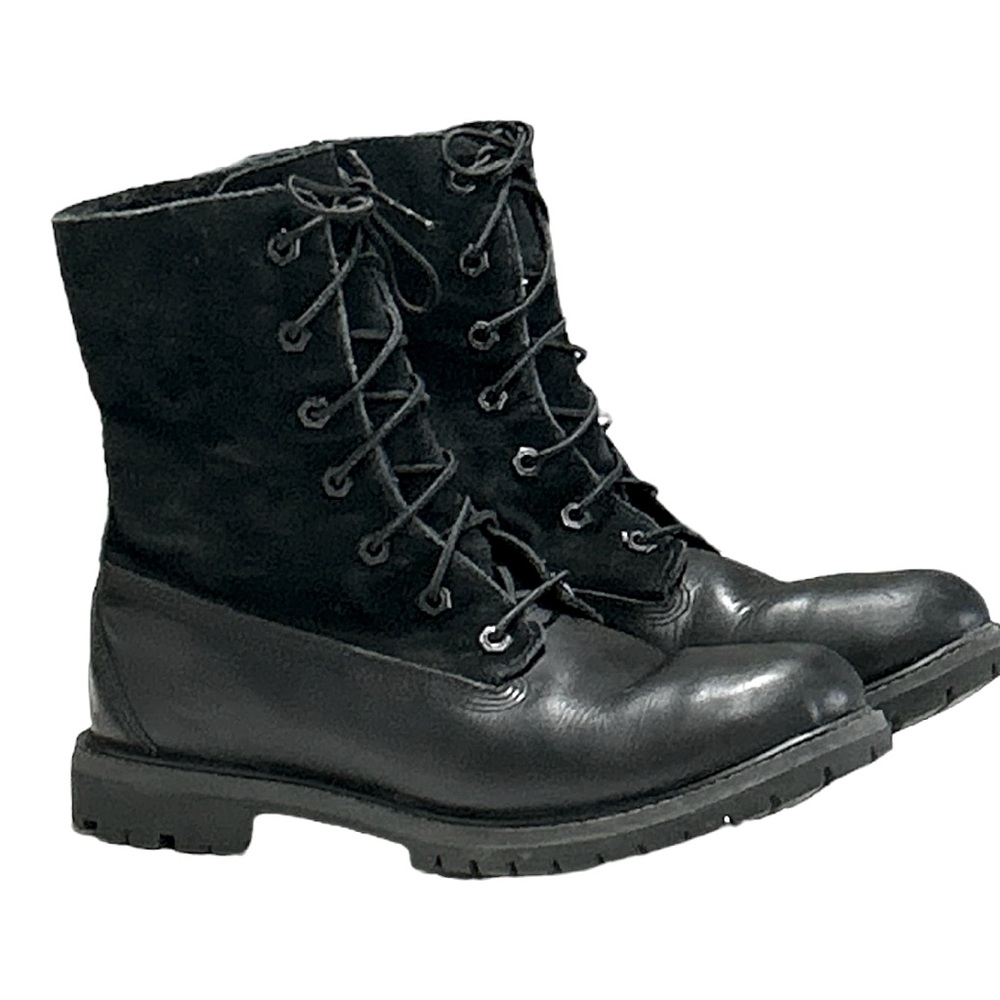 Timberland Black Leather Teddy Fleece Waterproof Fold Down Boots Lace Up Sz 9 - Picture 2 of 16